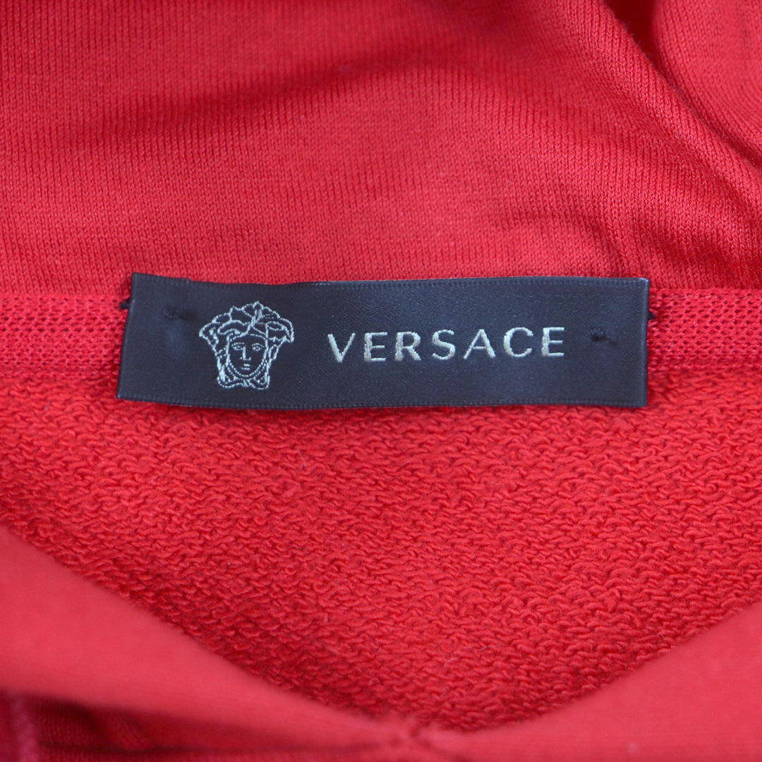 美品▼VERSACE ヴェルサーチ コットン100% メデューサプリント ロゴ刺繍 フーディ プルオーバー パーカー レッド S 伊製 正規品 メンズ
