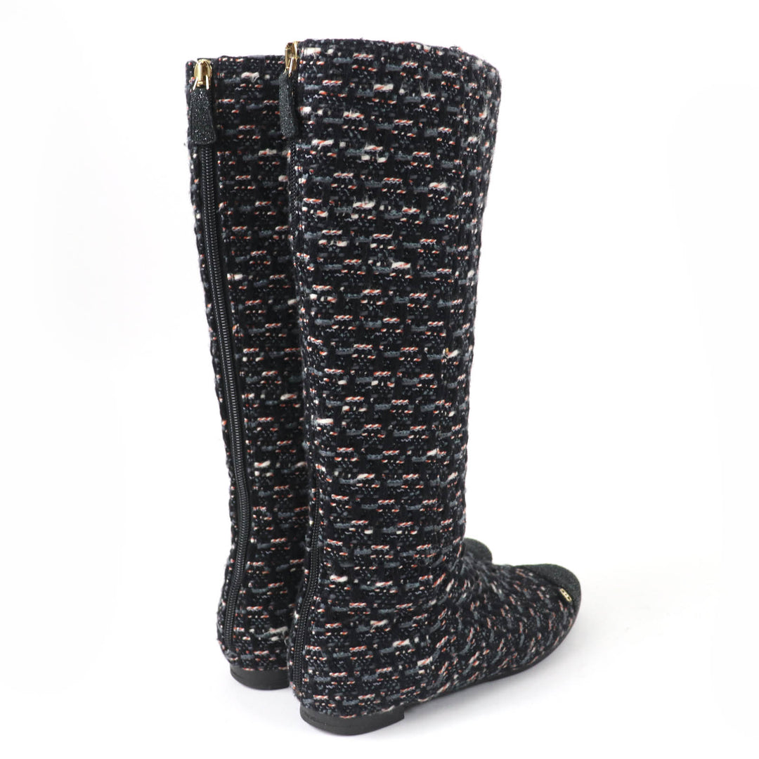 美品☆CHANEL シャネル G27884 ココマーク バックZIP ツイード フラット ロングブーツ マルチカラー 35.5 イタリア製 レディース