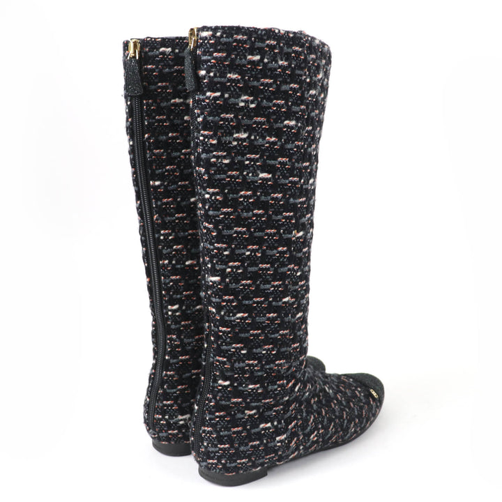 美品☆CHANEL シャネル G27884 ココマーク バックZIP ツイード フラット ロングブーツ マルチカラー 35.5 イタリア製 レディース