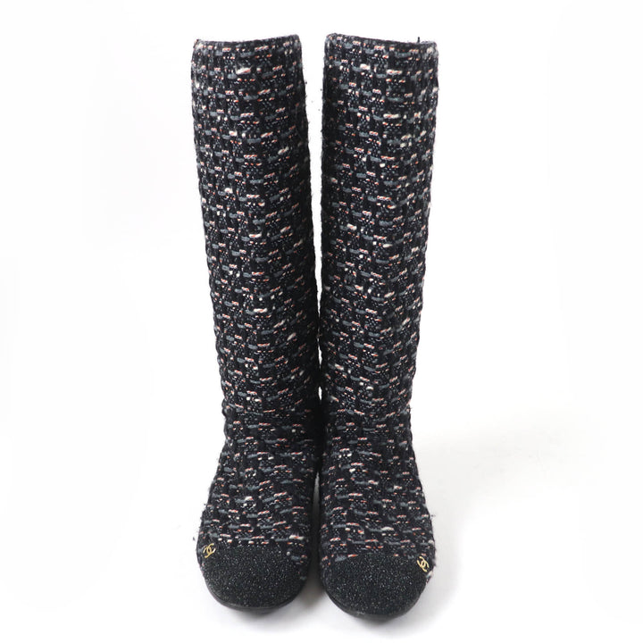 美品☆CHANEL シャネル G27884 ココマーク バックZIP ツイード フラット ロングブーツ マルチカラー 35.5 イタリア製 レディース