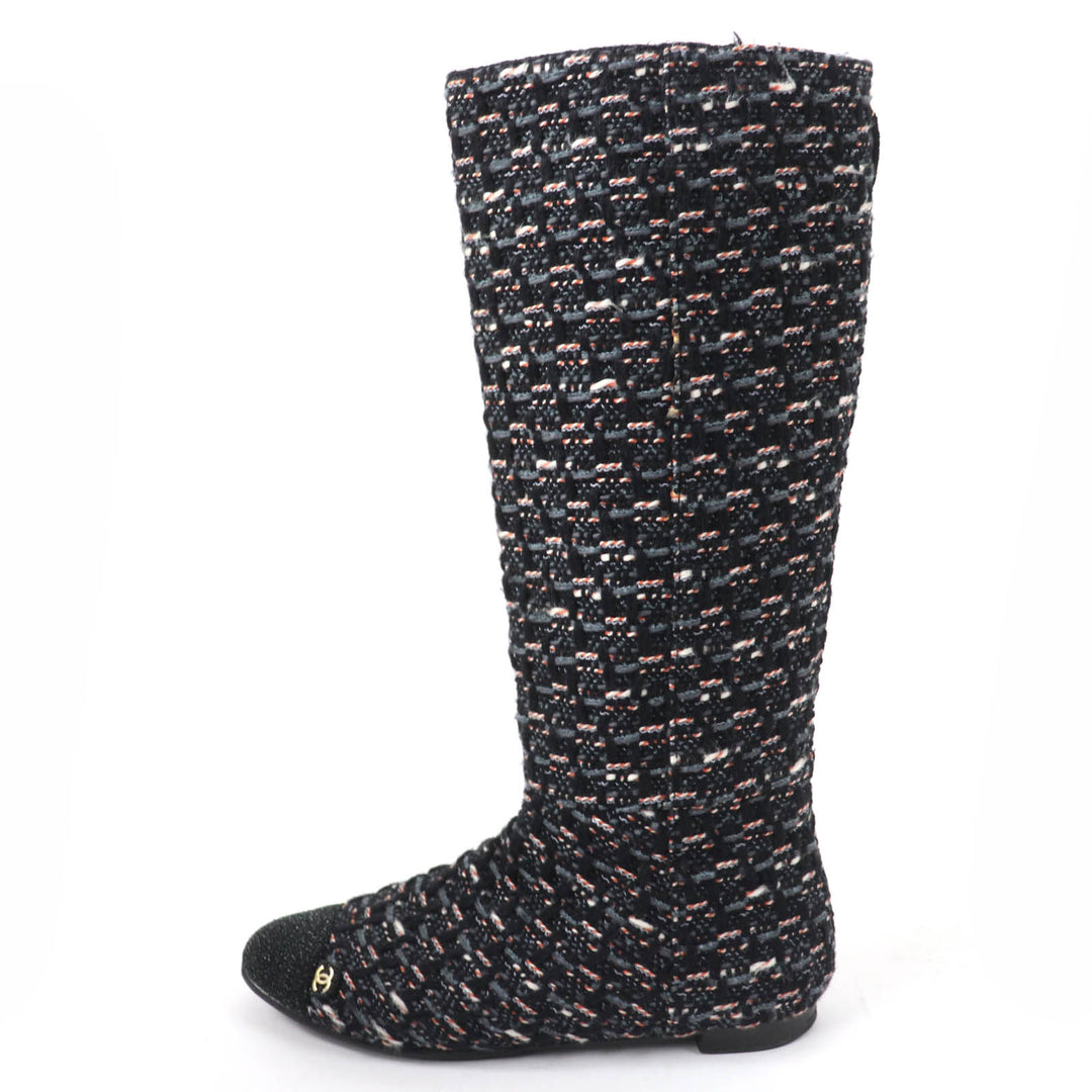 美品☆CHANEL シャネル G27884 ココマーク バックZIP ツイード フラット ロングブーツ マルチカラー 35.5 イタリア製 レディース