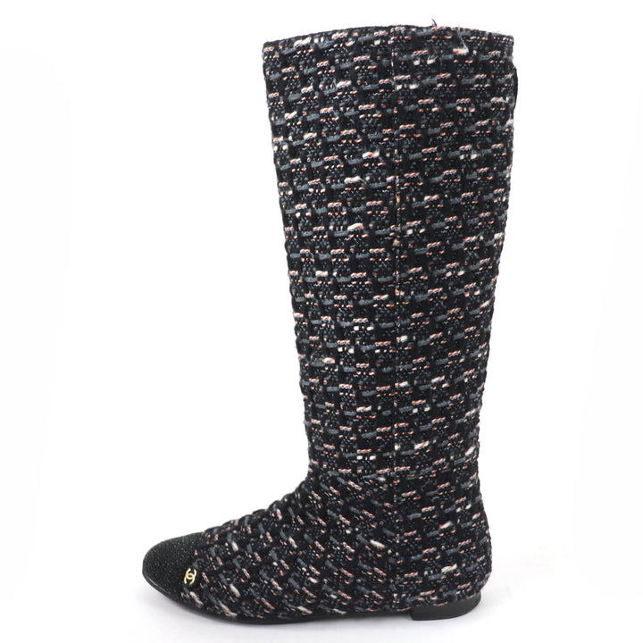 美品☆CHANEL シャネル G27884 ココマーク バックZIP ツイード フラット ロングブーツ マルチカラー 35.5 イタリア製 レディース
