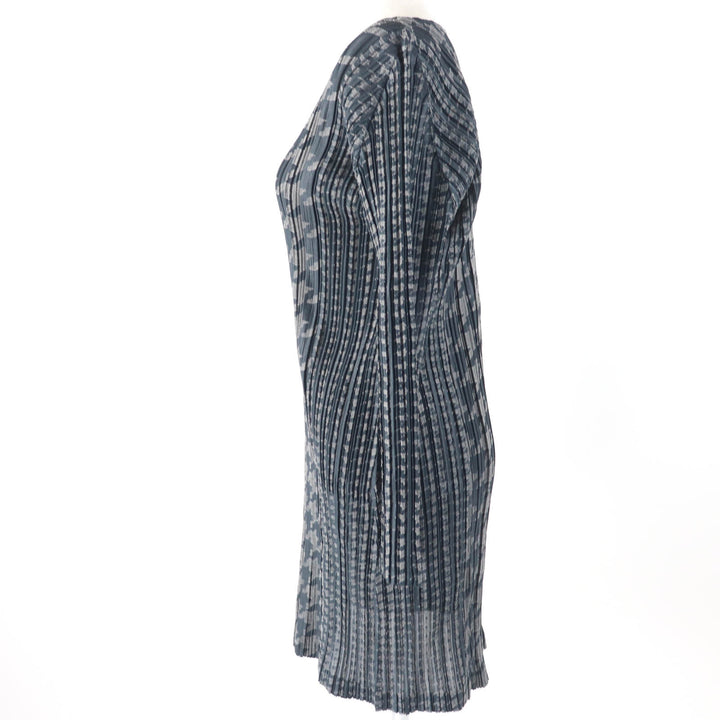 美品☆PLEATS PLEASE プリーツプリーズ イッセイミヤケ PP53-JT626 千鳥格子柄 Vネック 長袖 ワンピース チャコールグレー 3 正規品