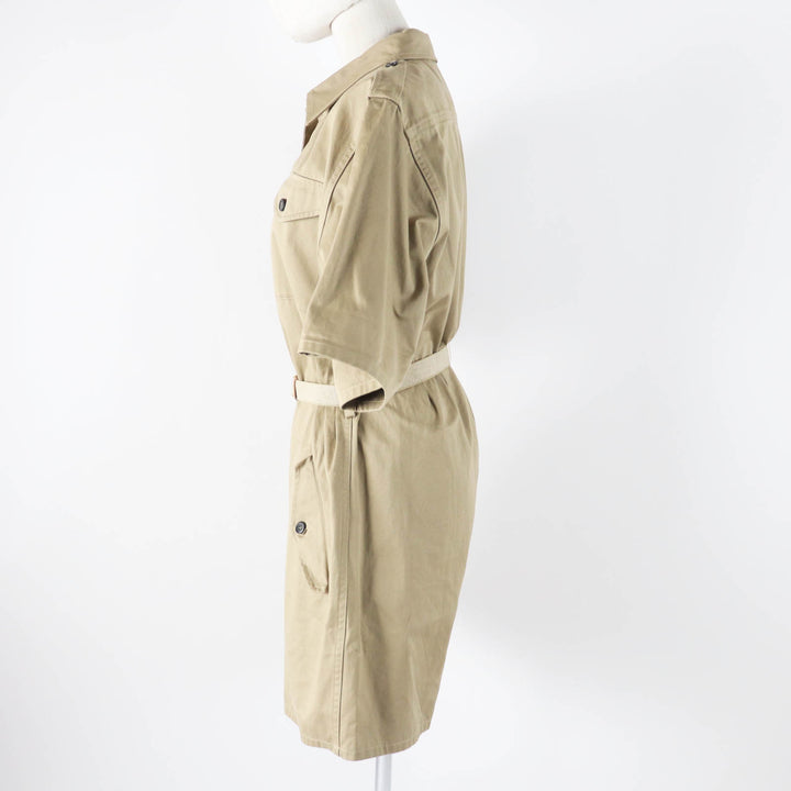 極美品◎PRADA プラダ 2023年製 P293HT コットン トライアングルロゴベルト付 半袖 オールインワン／ジャンプスーツ ベージュ系 36 正規品