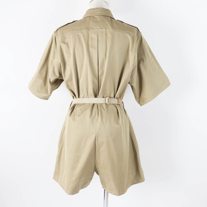 極美品◎PRADA プラダ 2023年製 P293HT コットン トライアングルロゴベルト付 半袖 オールインワン／ジャンプスーツ ベージュ系 36 正規品