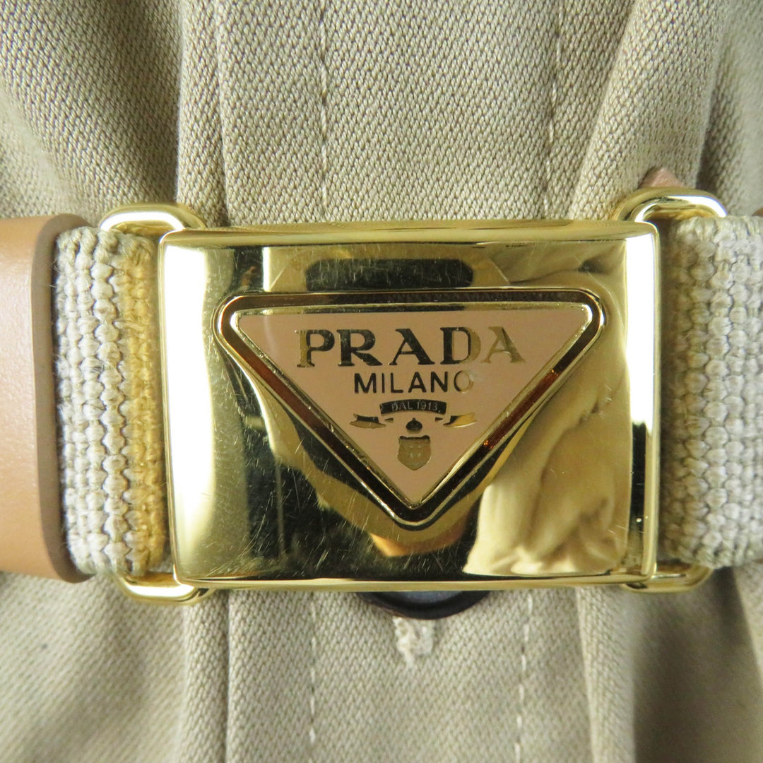 極美品◎PRADA プラダ 2023年製 P293HT コットン トライアングルロゴベルト付 半袖 オールインワン／ジャンプスーツ ベージュ系 36 正規品