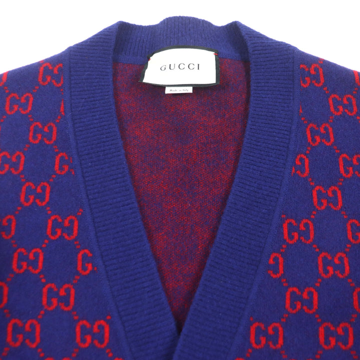 極美品▼GUCCI グッチ 597724 ウール カシミヤ GG柄 Vネック ロゴ入りシェルボタン カーディガン ブルー レッド M 伊製 正規品 メンズ