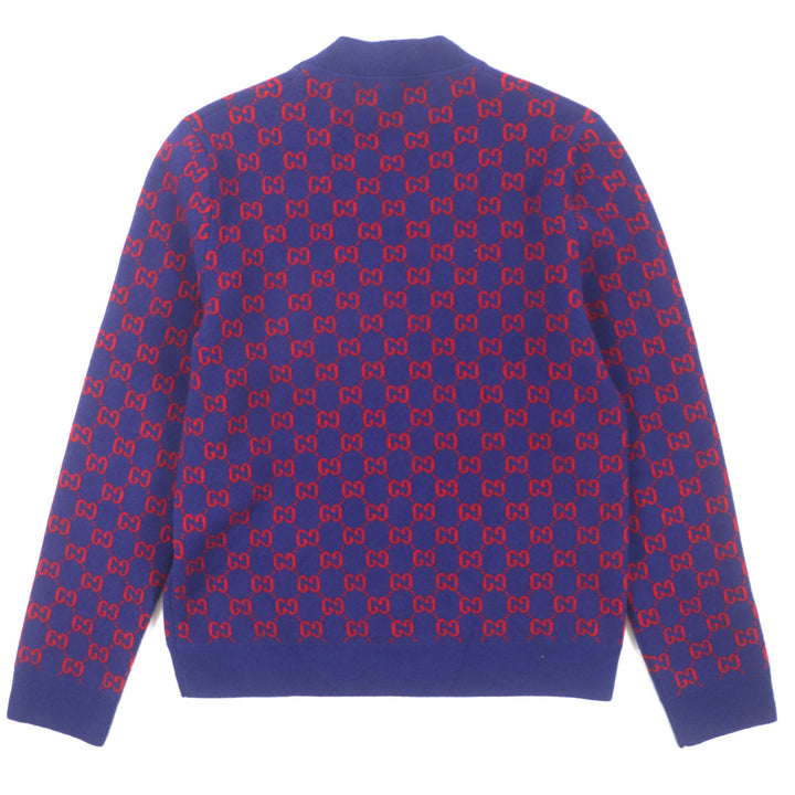 極美品▼GUCCI グッチ 597724 ウール カシミヤ GG柄 Vネック ロゴ入りシェルボタン カーディガン ブルー レッド M 伊製 正規品 メンズ