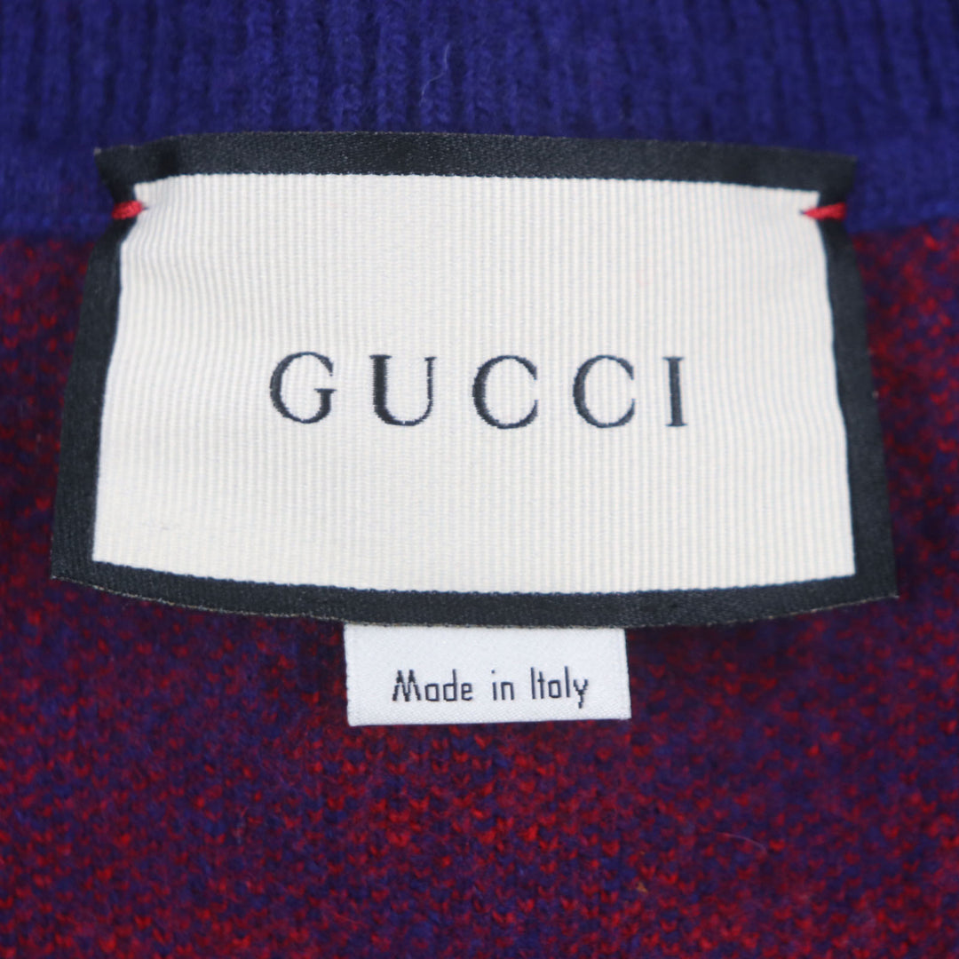 極美品▼GUCCI グッチ 597724 ウール カシミヤ GG柄 Vネック ロゴ入りシェルボタン カーディガン ブルー レッド M 伊製 正規品 メンズ