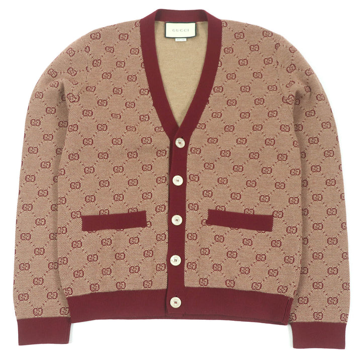 極美品□GUCCI グッチ 20AW 572631 ウール GGジャガード ロゴ総柄 ニットカーディガン セーター ボルドー S イタリア製 正規品 メンズ