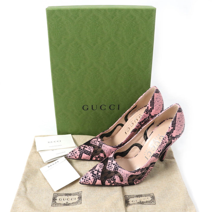 未使用品△GUCCI グッチ 738689 GGランバス パイソン プリント ポインテッドトゥ ハイヒール レザー パンプス ピンク ブラック 36.5 箱付