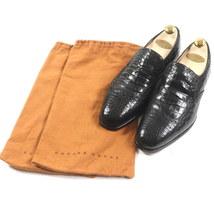 美品▼エドワードグリーン WIGMORE ヴィヴモア ウィングチップ メダリオン ローファー クロコダイル レザーシューズ 7.5 保存袋付 メンズ