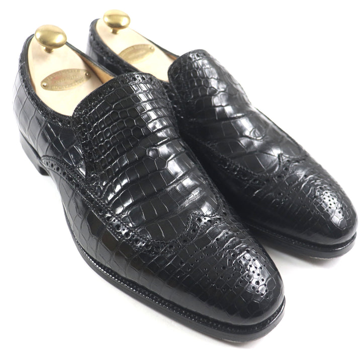 美品▼エドワードグリーン WIGMORE ヴィヴモア ウィングチップ メダリオン ローファー クロコダイル レザーシューズ 7.5 保存袋付 メンズ