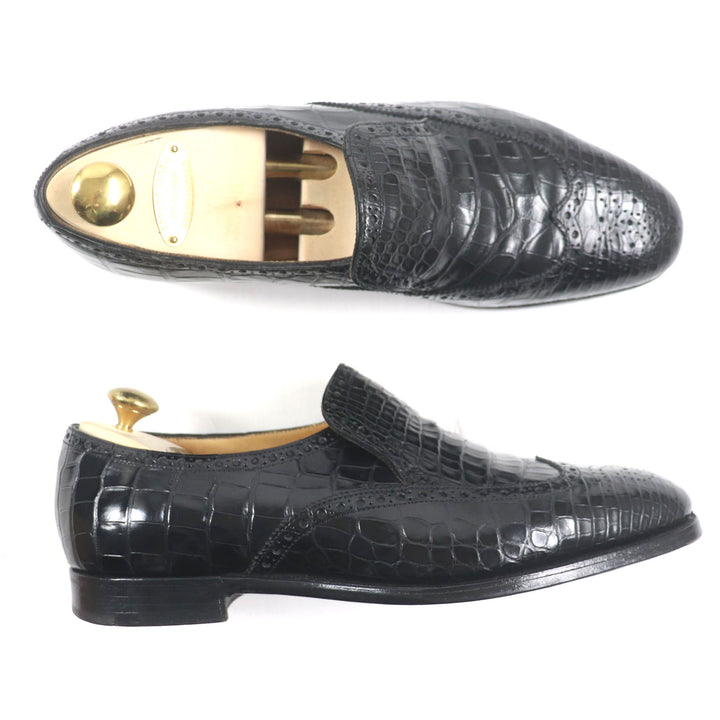 美品▼エドワードグリーン WIGMORE ヴィヴモア ウィングチップ メダリオン ローファー クロコダイル レザーシューズ 7.5 保存袋付 メンズ