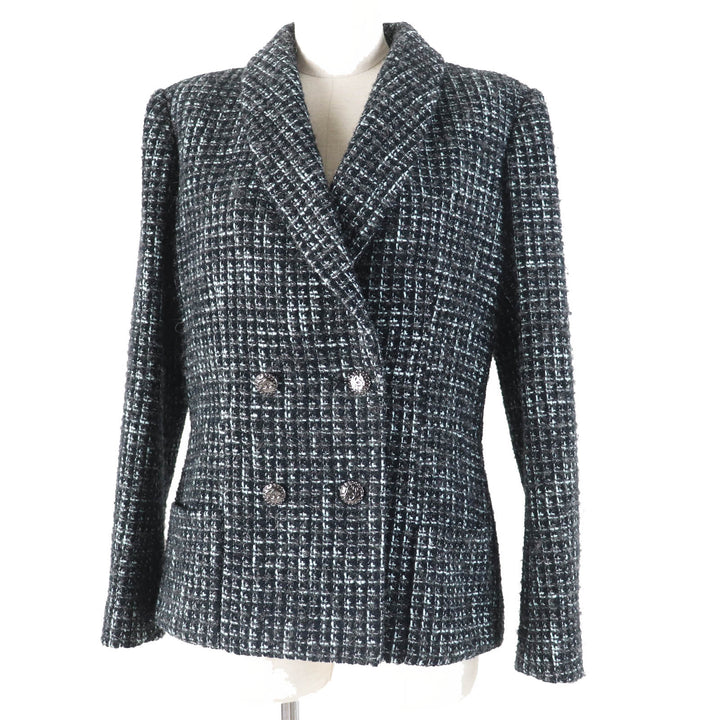 極美品◎CHANEL シャネル 22-23AW 22B P73315 Pre-Collection Look47 ココマークボタン付き ツイードジャケット ブラック ターコイズ 38