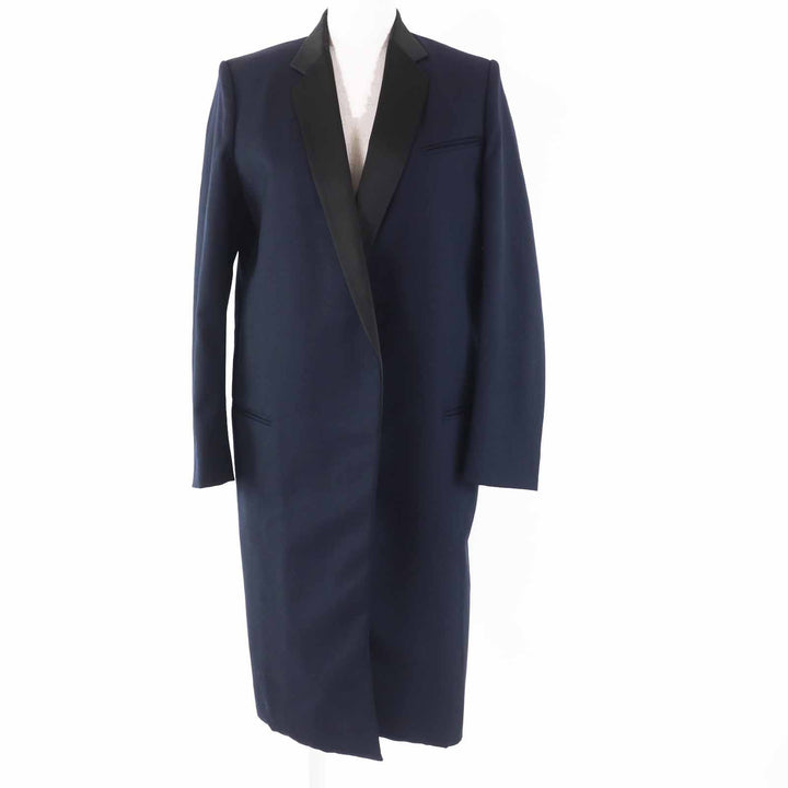 美品◎CELINE セリーヌ 2 8H28/5065 フィービーファイロ サテンラペル クロンビーコート ネイビー ブラック 34 仏製 正規品 レディース