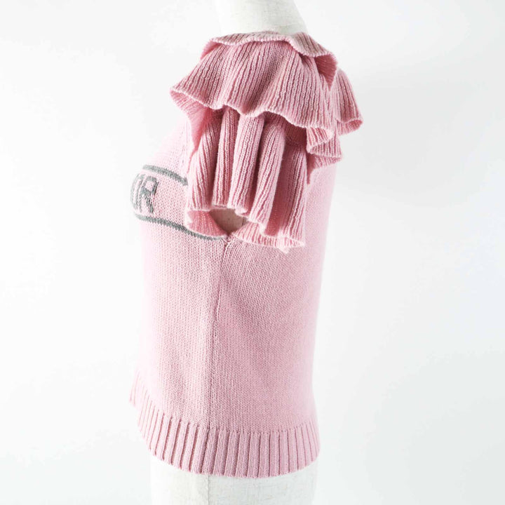 極美品◎Christian Dior クリスチャンディオール 344S13BM003 カシミヤ100％ フリル ショートスリーブニット ピンク グレー 38 正規品