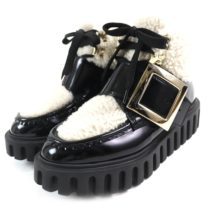 美品△ROGER VIVIER ロジェヴィヴィエ RVW6463385 ヴィヴ ゴーシック ファー メタルバックル パテントレザー ムートン アンクルブーツ 36