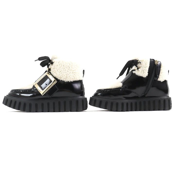 美品△ROGER VIVIER ロジェヴィヴィエ RVW6463385 ヴィヴ ゴーシック ファー メタルバックル パテントレザー ムートン アンクルブーツ 36