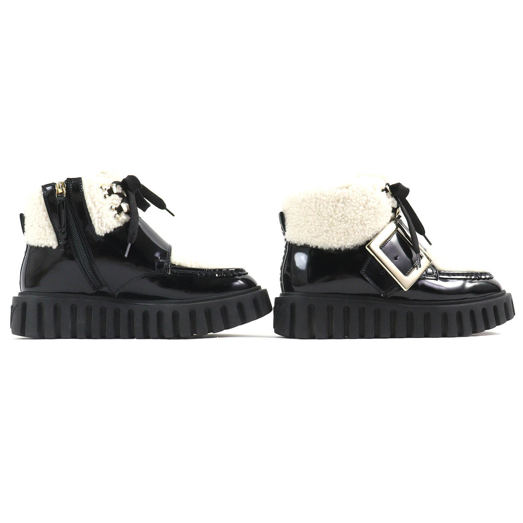 美品△ROGER VIVIER ロジェヴィヴィエ RVW6463385 ヴィヴ ゴーシック ファー メタルバックル パテントレザー ムートン アンクルブーツ 36