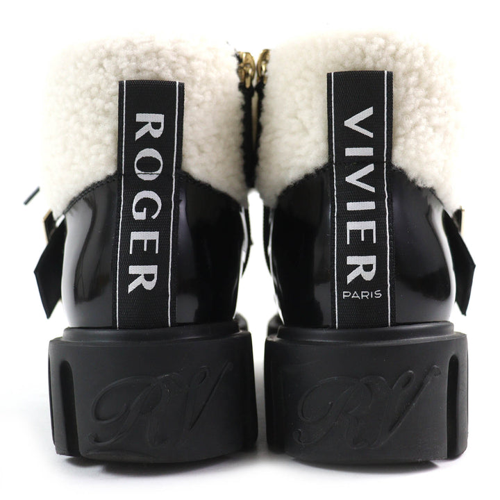 美品△ROGER VIVIER ロジェヴィヴィエ RVW6463385 ヴィヴ ゴーシック ファー メタルバックル パテントレザー ムートン アンクルブーツ 36