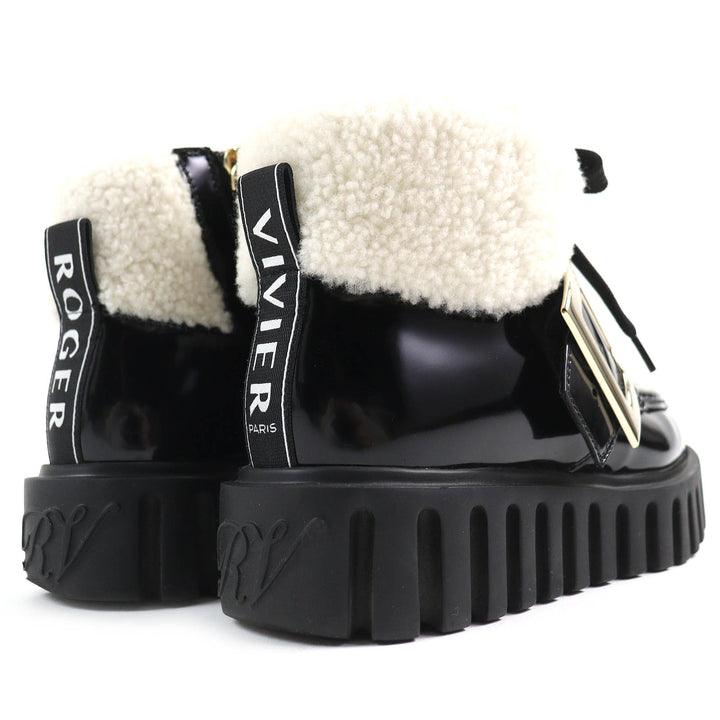 美品△ROGER VIVIER ロジェヴィヴィエ RVW6463385 ヴィヴ ゴーシック ファー メタルバックル パテントレザー ムートン アンクルブーツ 36