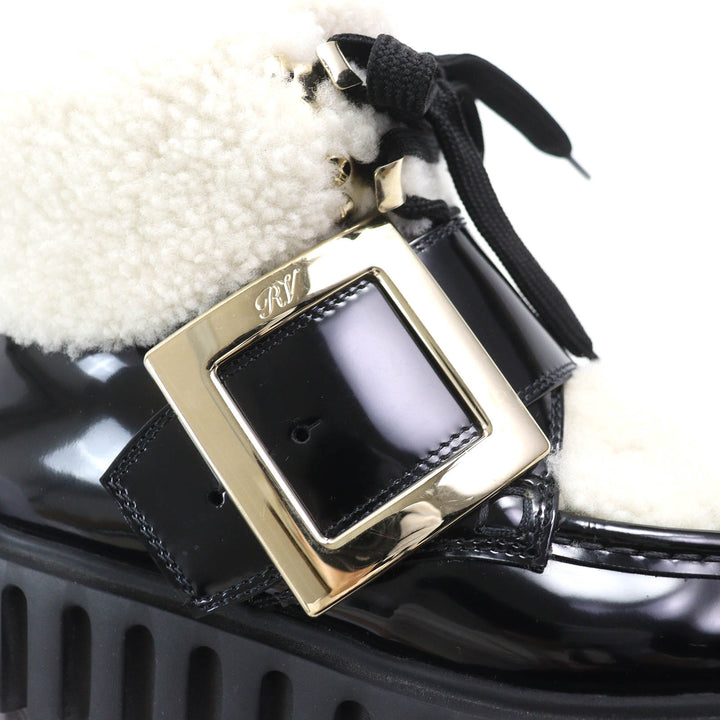 美品△ROGER VIVIER ロジェヴィヴィエ RVW6463385 ヴィヴ ゴーシック ファー メタルバックル パテントレザー ムートン アンクルブーツ 36