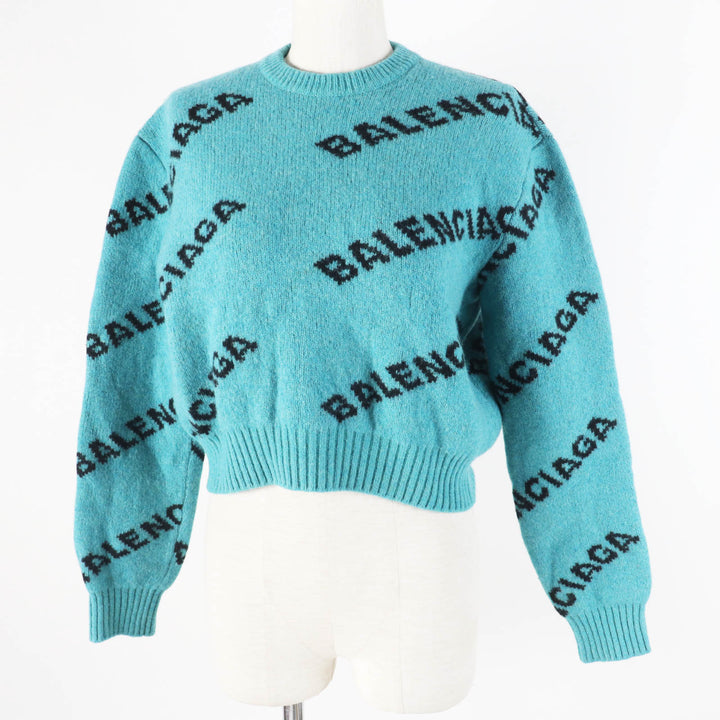 美品◎BALENCIAGA バレンシアガ 529208 ウール ジャガードロゴ クロップド丈 ニット プルオーバー グリーン 34 伊製 正規品 レディース