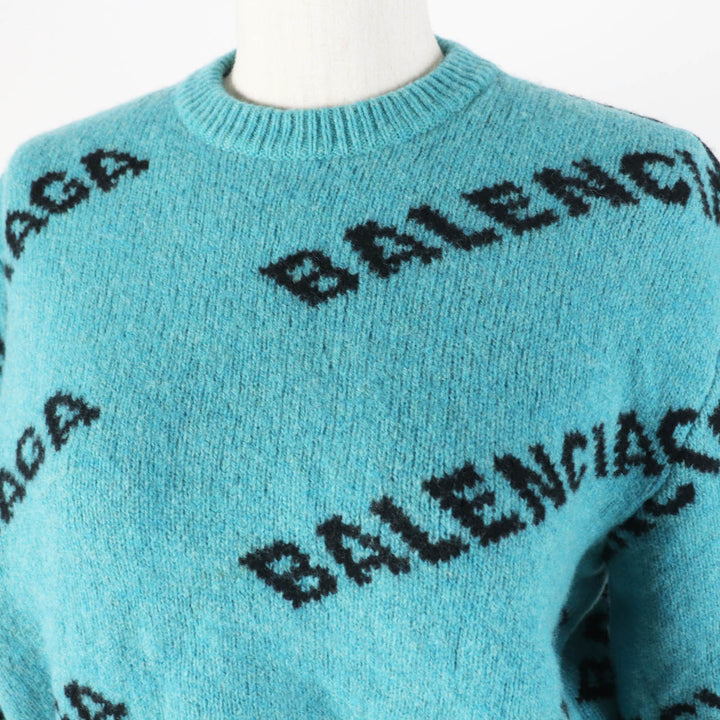 美品◎BALENCIAGA バレンシアガ 529208 ウール ジャガードロゴ クロップド丈 ニット プルオーバー グリーン 34 伊製 正規品 レディース