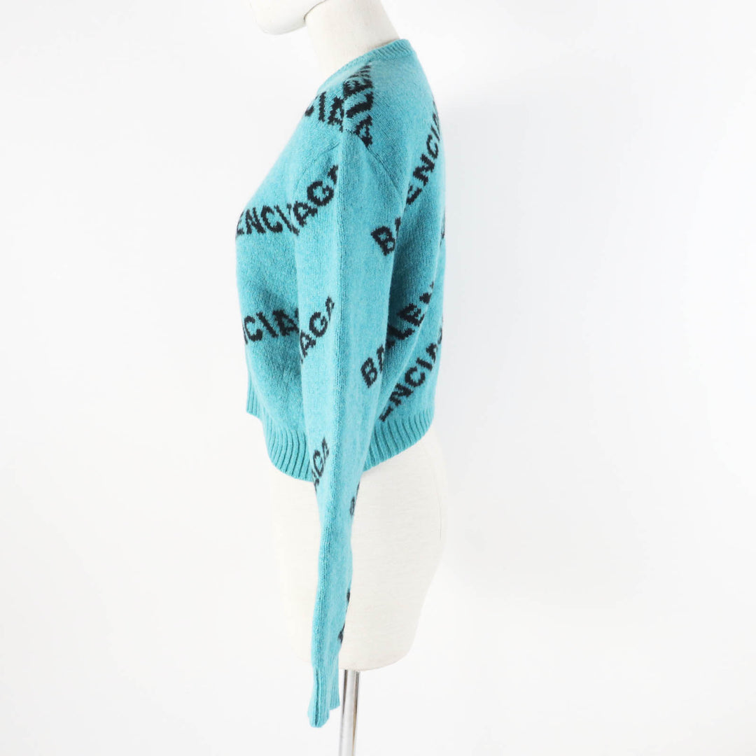 美品◎BALENCIAGA バレンシアガ 529208 ウール ジャガードロゴ クロップド丈 ニット プルオーバー グリーン 34 伊製 正規品 レディース
