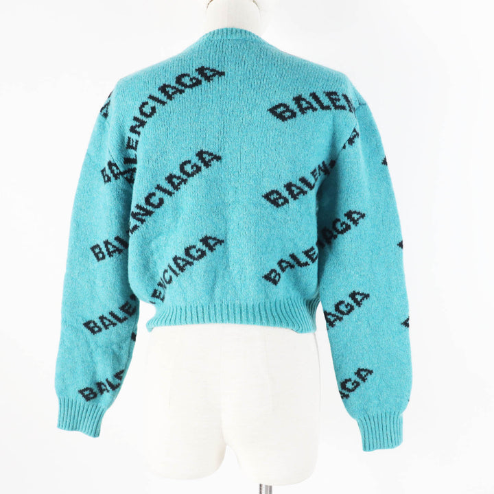美品◎BALENCIAGA バレンシアガ 529208 ウール ジャガードロゴ クロップド丈 ニット プルオーバー グリーン 34 伊製 正規品 レディース