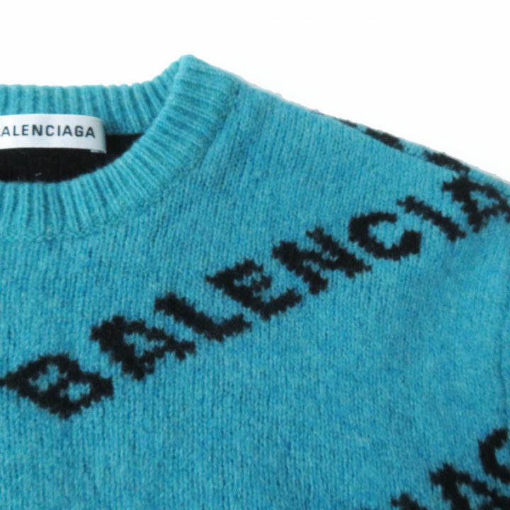 美品◎BALENCIAGA バレンシアガ 529208 ウール ジャガードロゴ クロップド丈 ニット プルオーバー グリーン 34 伊製 正規品 レディース