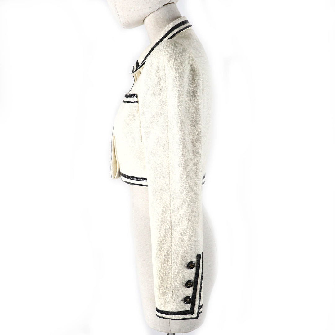 良品△CHANEL シャネル ヴィンテージ 95P P04690 コットン100％ 名作 ココマークボタン クロップド ツイードジャケット 36 仏製 正規品