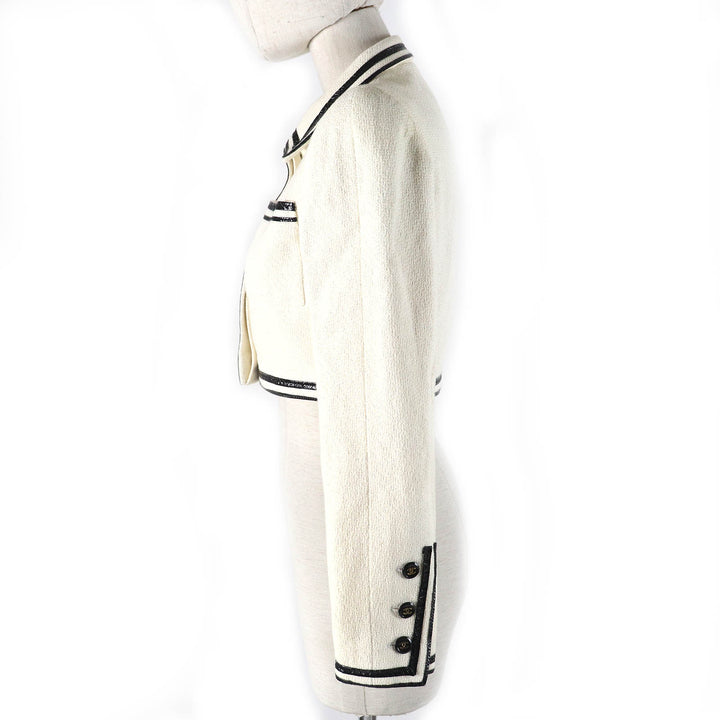 良品△CHANEL シャネル ヴィンテージ 95P P04690 コットン100％ 名作 ココマークボタン クロップド ツイードジャケット 36 仏製 正規品
