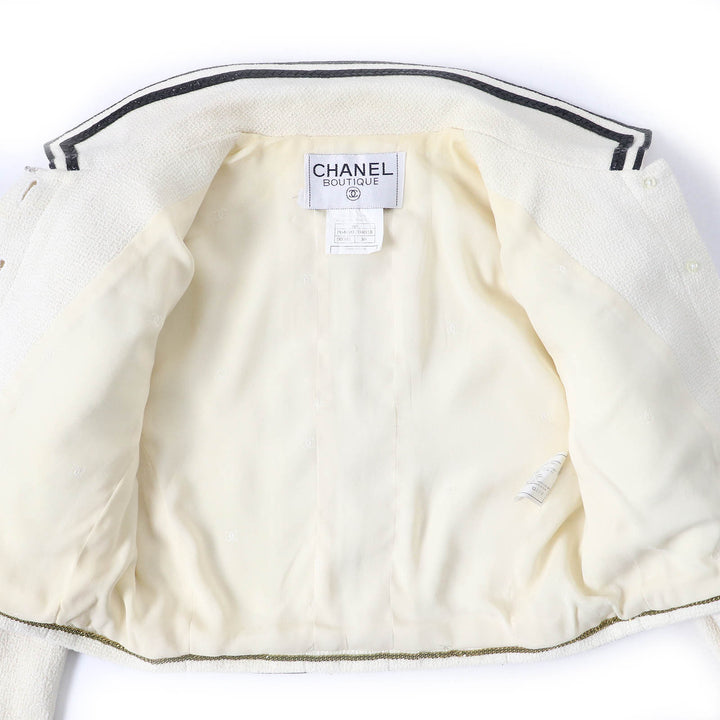 良品△CHANEL シャネル ヴィンテージ 95P P04690 コットン100％ 名作 ココマークボタン クロップド ツイードジャケット 36 仏製 正規品