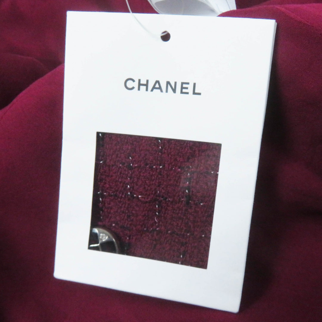 美品◎CHANEL シャネル 22AW 22A P73183 ココボタン付 ノーカラー ツイードジャケット バーガンディ ブラック ホワイト 34 仏製 正規品