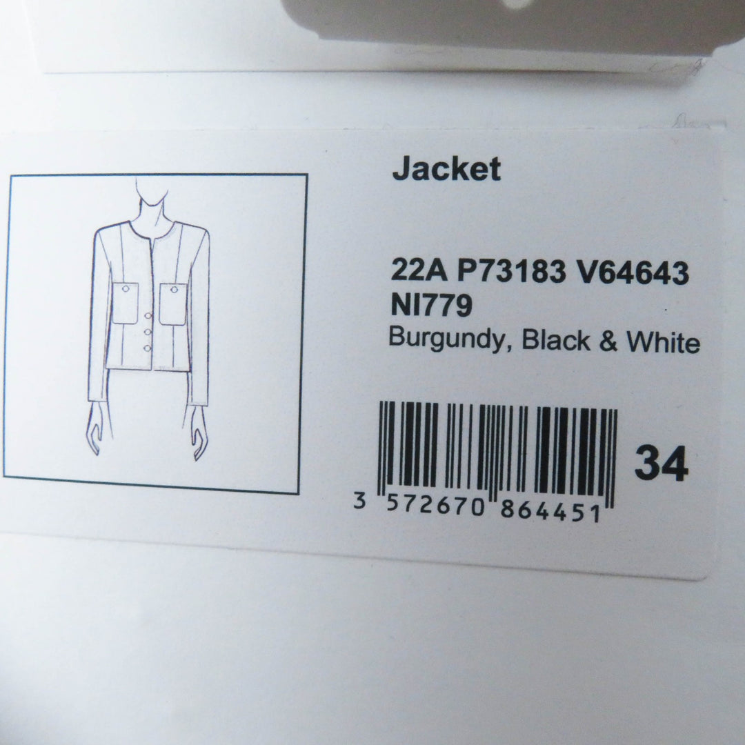 美品◎CHANEL シャネル 22AW 22A P73183 ココボタン付 ノーカラー ツイードジャケット バーガンディ ブラック ホワイト 34 仏製 正規品