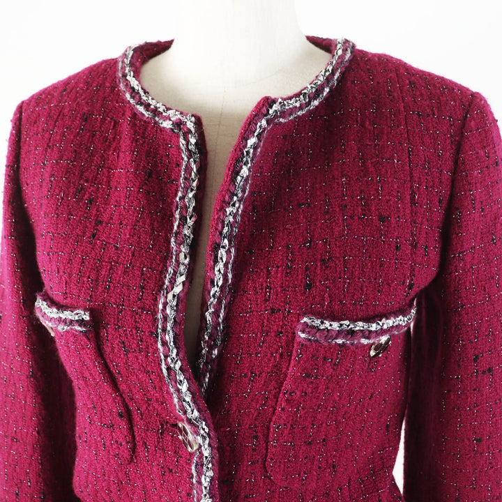 美品◎CHANEL シャネル 22AW 22A P73183 ココボタン付 ノーカラー ツイードジャケット バーガンディ ブラック ホワイト 34 仏製 正規品
