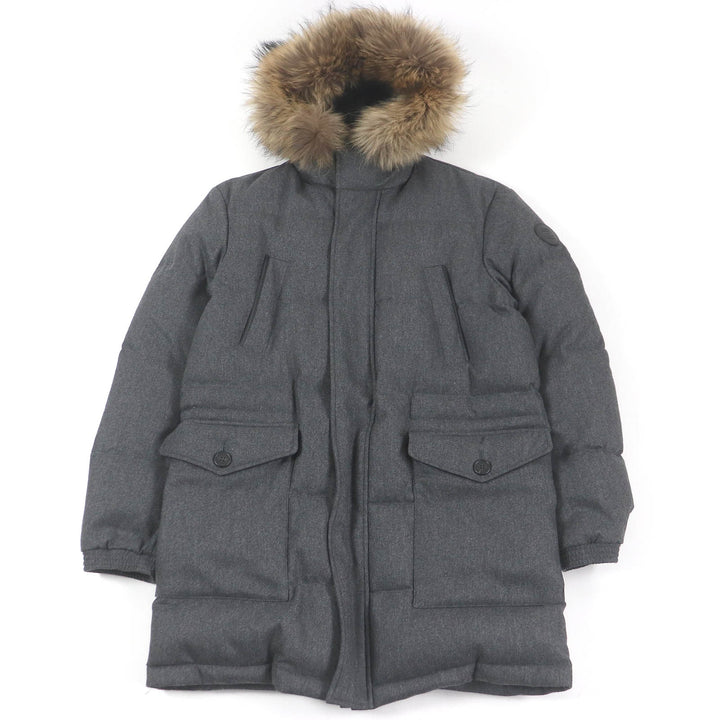 極美品□Dunhill ダンヒル ウール カシミヤ ロゴパッチ ラクーンファー ダウンコート グレー Lサイズ相当 イタリア製 正規品 メンズ