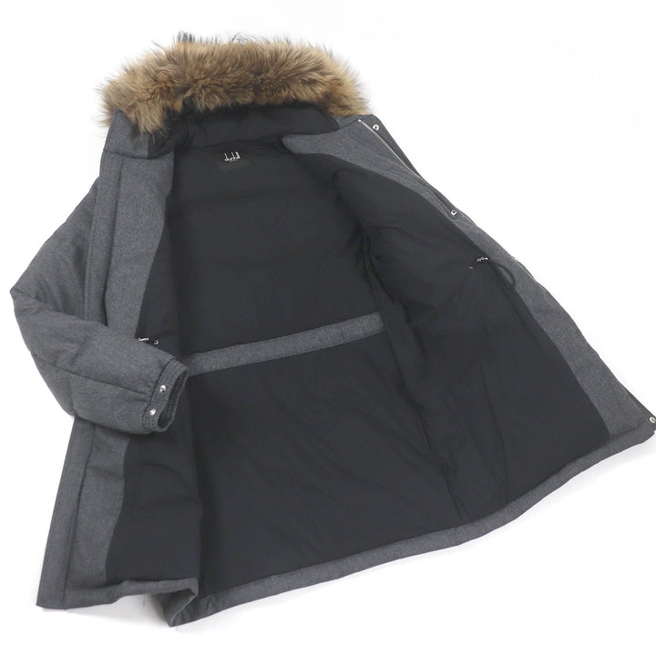 極美品□Dunhill ダンヒル ウール カシミヤ ロゴパッチ ラクーンファー ダウンコート グレー Lサイズ相当 イタリア製 正規品 メンズ