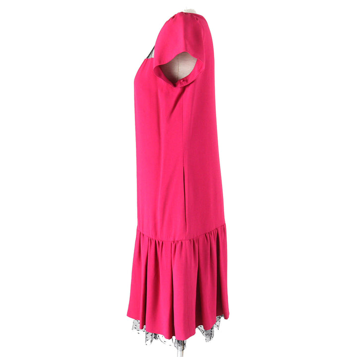 極美品△RED VALENTINO レッドヴァレンティノ チュール付き 半袖 裾フレア ワンピース レッドピンク系 ブラック 42 正規品 レディース