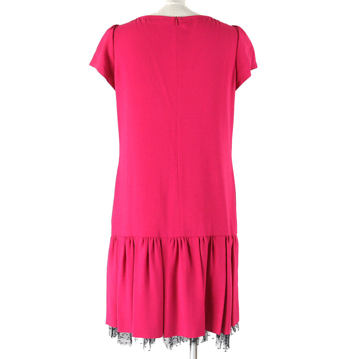 極美品△RED VALENTINO レッドヴァレンティノ チュール付き 半袖 裾フレア ワンピース レッドピンク系 ブラック 42 正規品 レディース
