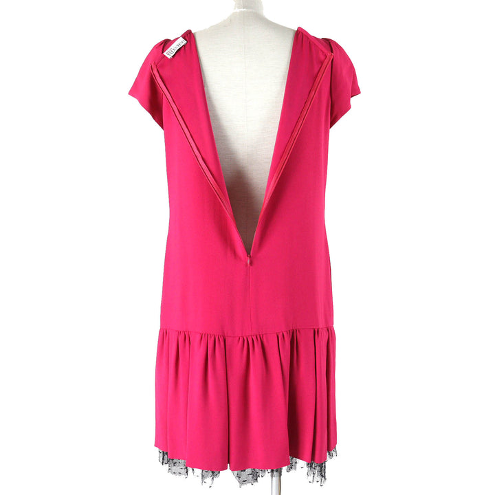 極美品△RED VALENTINO レッドヴァレンティノ チュール付き 半袖 裾フレア ワンピース レッドピンク系 ブラック 42 正規品 レディース