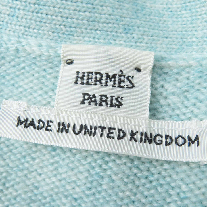 美品◎HERMES エルメス 2021年製 カシミヤ100％ セリエボタン付き ロング丈 ニットカーディガン ライトブルー 36 UK製 正規品 レディース