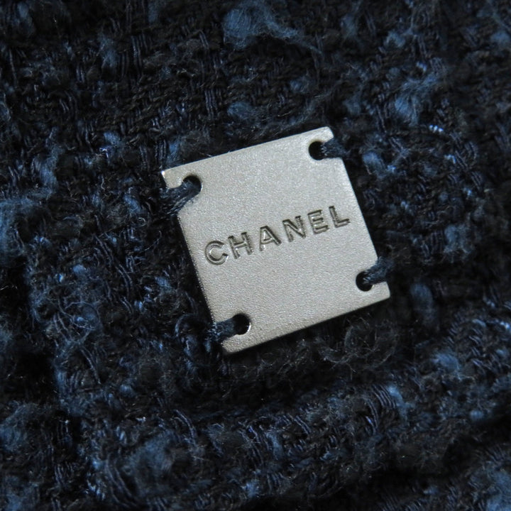 美品◎CHANEL シャネル 01P P17613 ウール コットン ロゴプレート ひざ丈 ツイードスカート ネイビー ブラック 40 フランス製 レディース