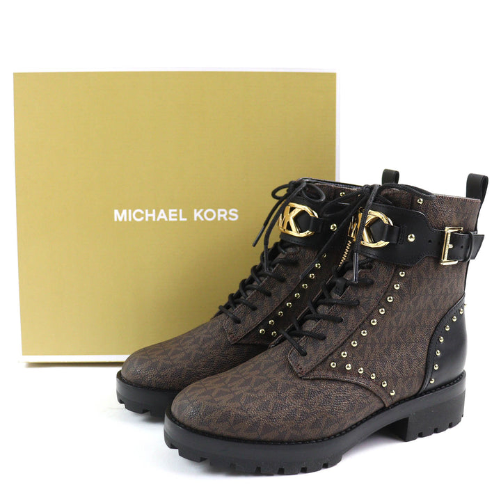 未使用品△Michael Kors マイケルコース 49F1KIFE5B キンケイド ロゴ スタッズ コンバットブーツ ショートブーツ ブラウン ブラック 6.5