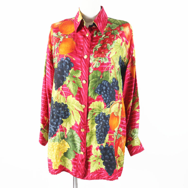 極美品◎GUCCI グッチ ヴィンテージ 1994年製 トムフォード期 シルク100% 金ボタン付き フルーツプリント 長袖シャツ レッド マルチ 約L