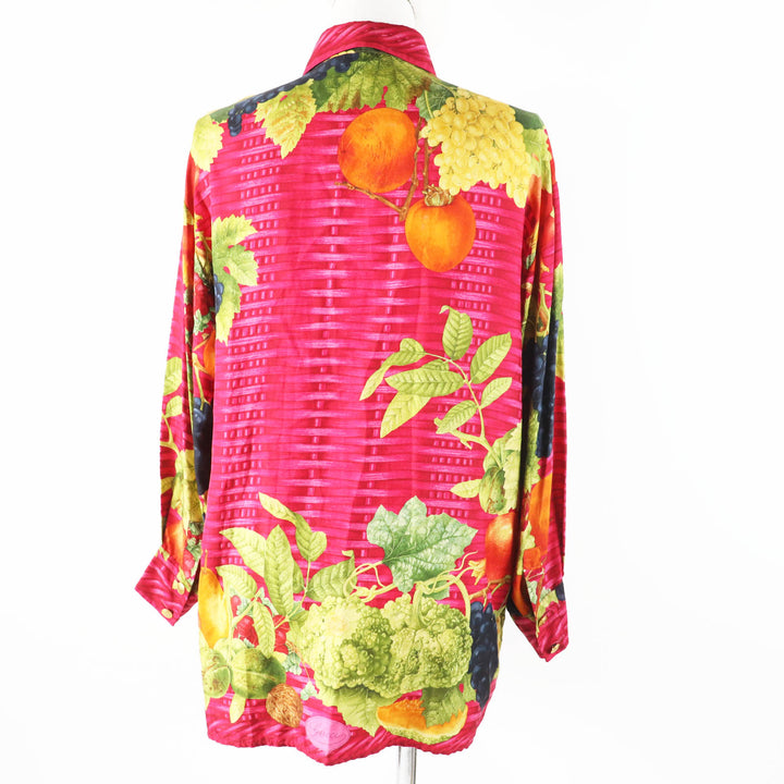 極美品◎GUCCI グッチ ヴィンテージ 1994年製 トムフォード期 シルク100% 金ボタン付き フルーツプリント 長袖シャツ レッド マルチ 約L