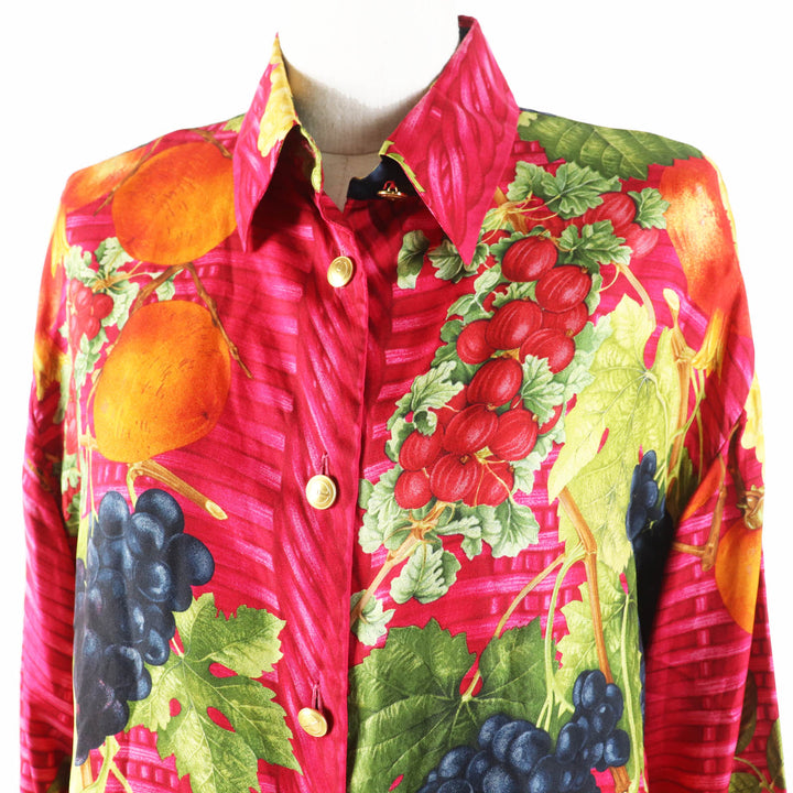 極美品◎GUCCI グッチ ヴィンテージ 1994年製 トムフォード期 シルク100% 金ボタン付き フルーツプリント 長袖シャツ レッド マルチ 約L