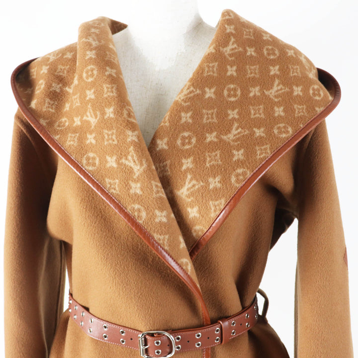 未使用品◎LOUIS VUITTON ルイヴィトン 1A8262 シルク混 裏モノグラム柄 フーデッド ラップコート キャメル 42 ガーメント付 定価632500円
